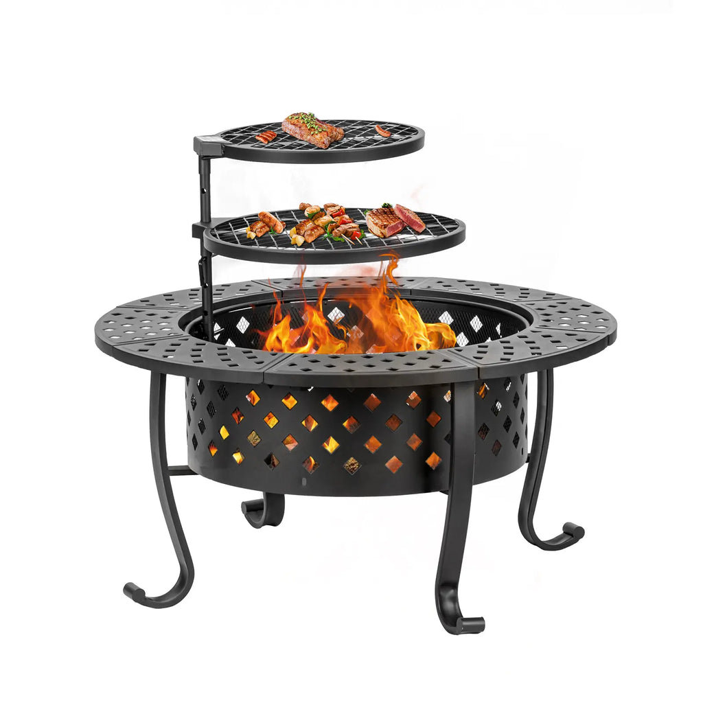 Outvue 36'' round Fire Pit - 3-In-1 Wood Burning Fire Pit with Dual Grills, Lid, Poker, - Perfect for Outdoor Patio, Picnic, and Party Gatherings Barbecue Food