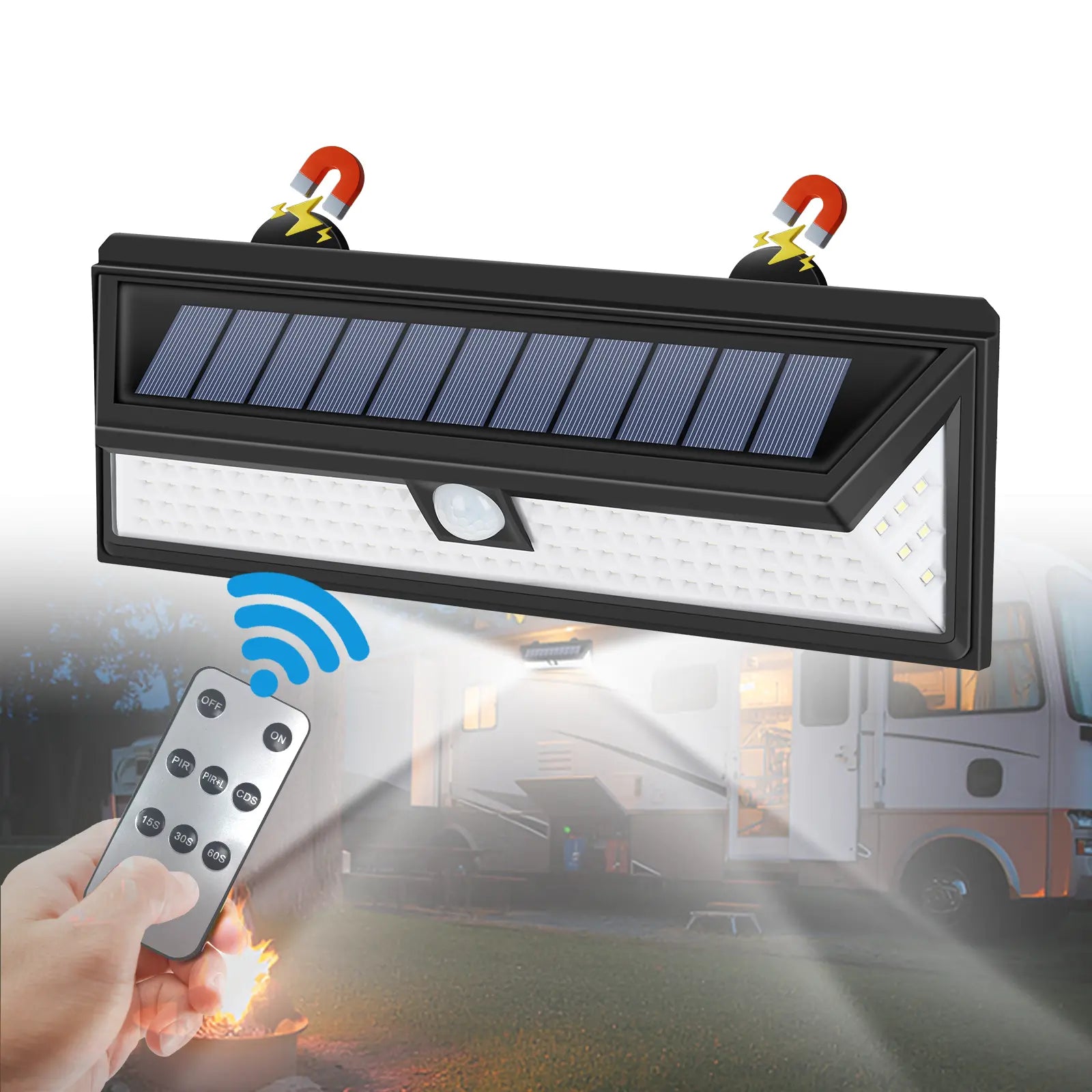 RV Magnetic Solar Lights Outdoor with Remote – 3 Lighting Modes Magnetic Motion Light Outdoor, Waterproof RV Solar Lights, for RV, Camper, Trailer, Garage Exterior Lighting
