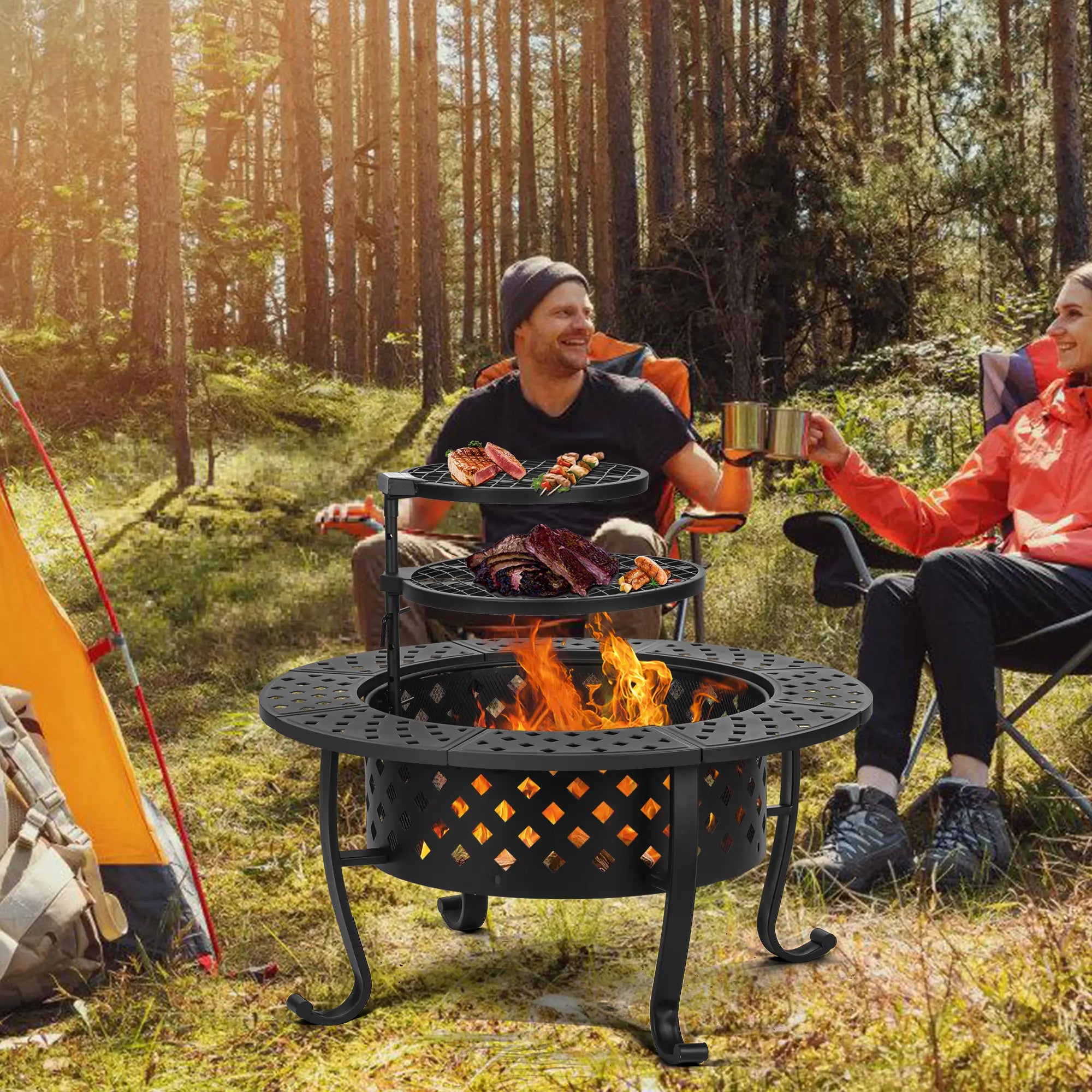 Outvue 36'' round Fire Pit - 3-In-1 Wood Burning Fire Pit with Dual Grills, Lid, Poker, - Perfect for Outdoor Patio, Picnic, and Party Gatherings Barbecue Food