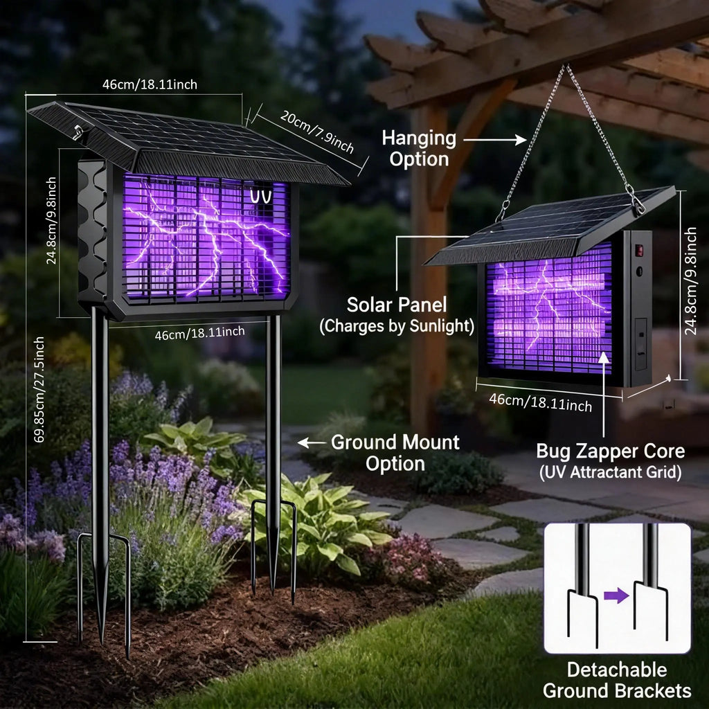 Solar Bug Zapper Outdoor Waterproof Electric 4500V Mosquito and Fly Zapper with Smart Light Sensor Rechargeable Solar Powered Trap for Patio, Backyard, Garden, Camping, and Indoor Us