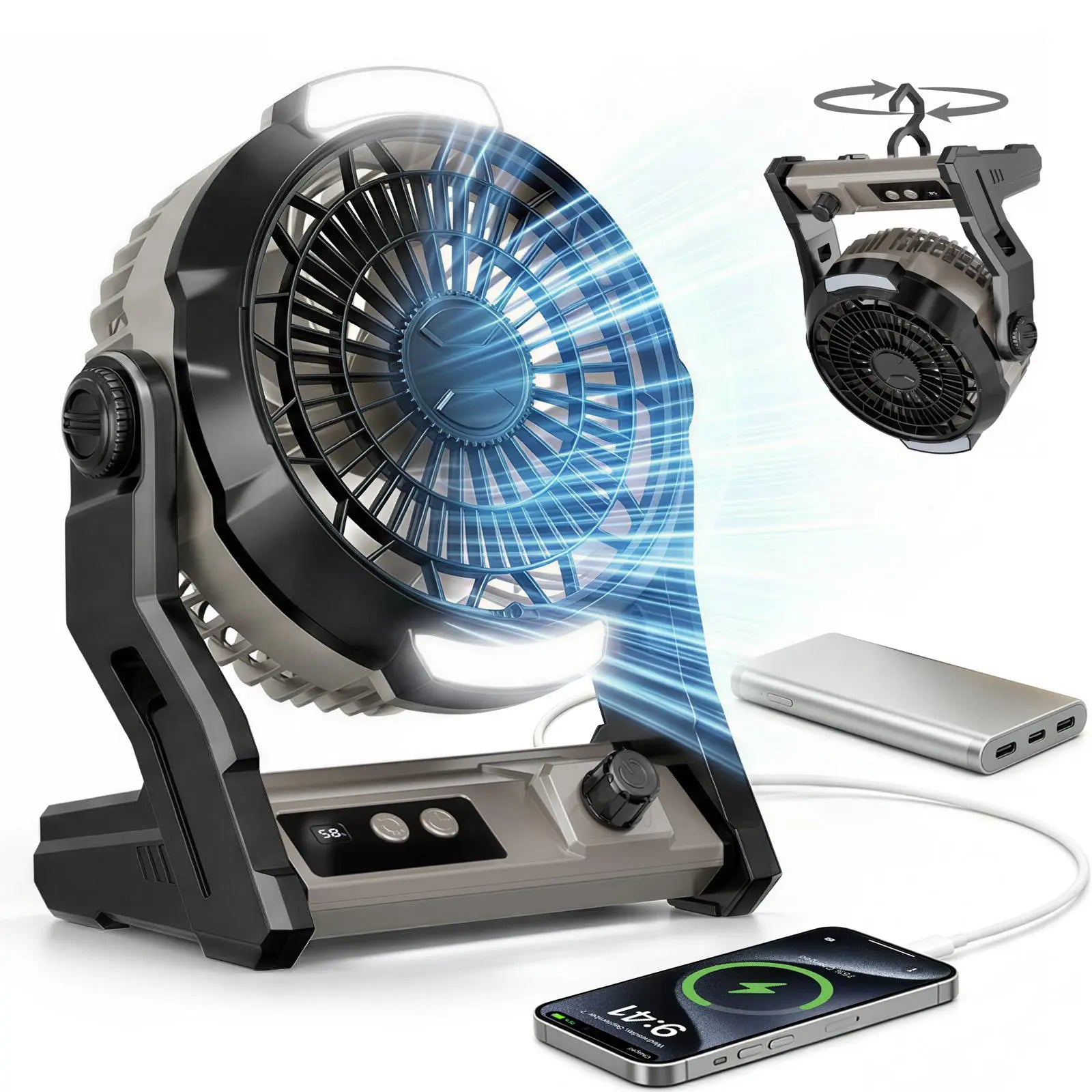 [Summer Vibes]Camping Fan with LED Lantern, 10000Mah Rechargeable Battery Operated Fan, 100-Speed Stepless Portable Tent Fan with Power Bank & Timer, 3-In-1 Desk/Hanging Fan for Outdoor, RV, Hurricane#Summervibes
