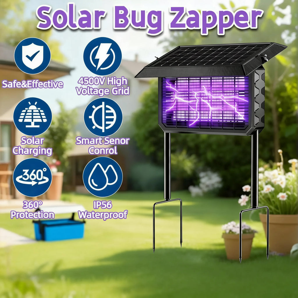 Solar Bug Zapper Outdoor Waterproof Electric 4500V Mosquito and Fly Zapper with Smart Light Sensor Rechargeable Solar Powered Trap for Patio, Backyard, Garden, Camping, and Indoor Us