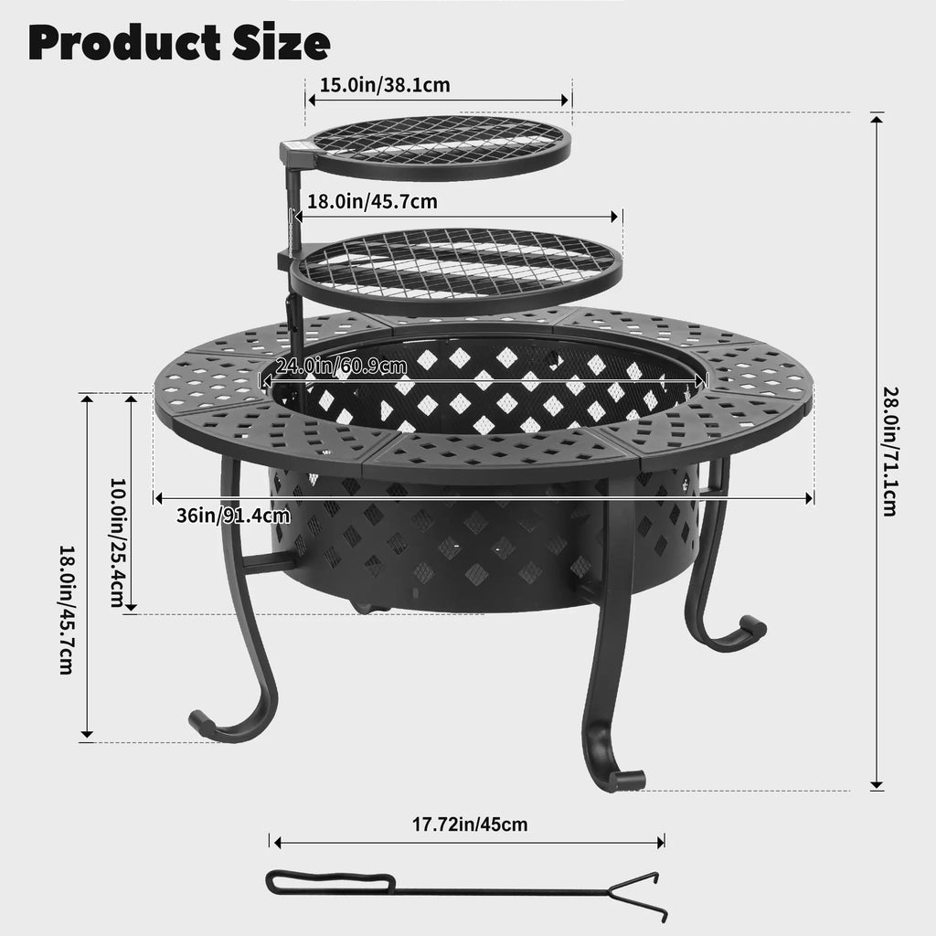 Outvue 36'' round Fire Pit - 3-In-1 Wood Burning Fire Pit with Dual Grills, Lid, Poker, - Perfect for Outdoor Patio, Picnic, and Party Gatherings Barbecue Food