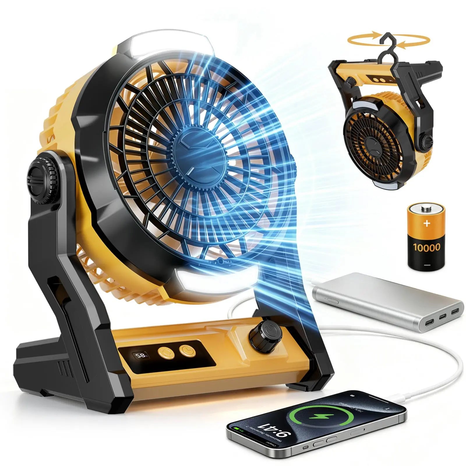 [Summer Vibes]Camping Fan with LED Lantern, 10000Mah Rechargeable Battery Operated Fan, 100-Speed Stepless Portable Tent Fan with Power Bank & Timer, 3-In-1 Desk/Hanging Fan for Outdoor, RV, Hurricane#Summervibes