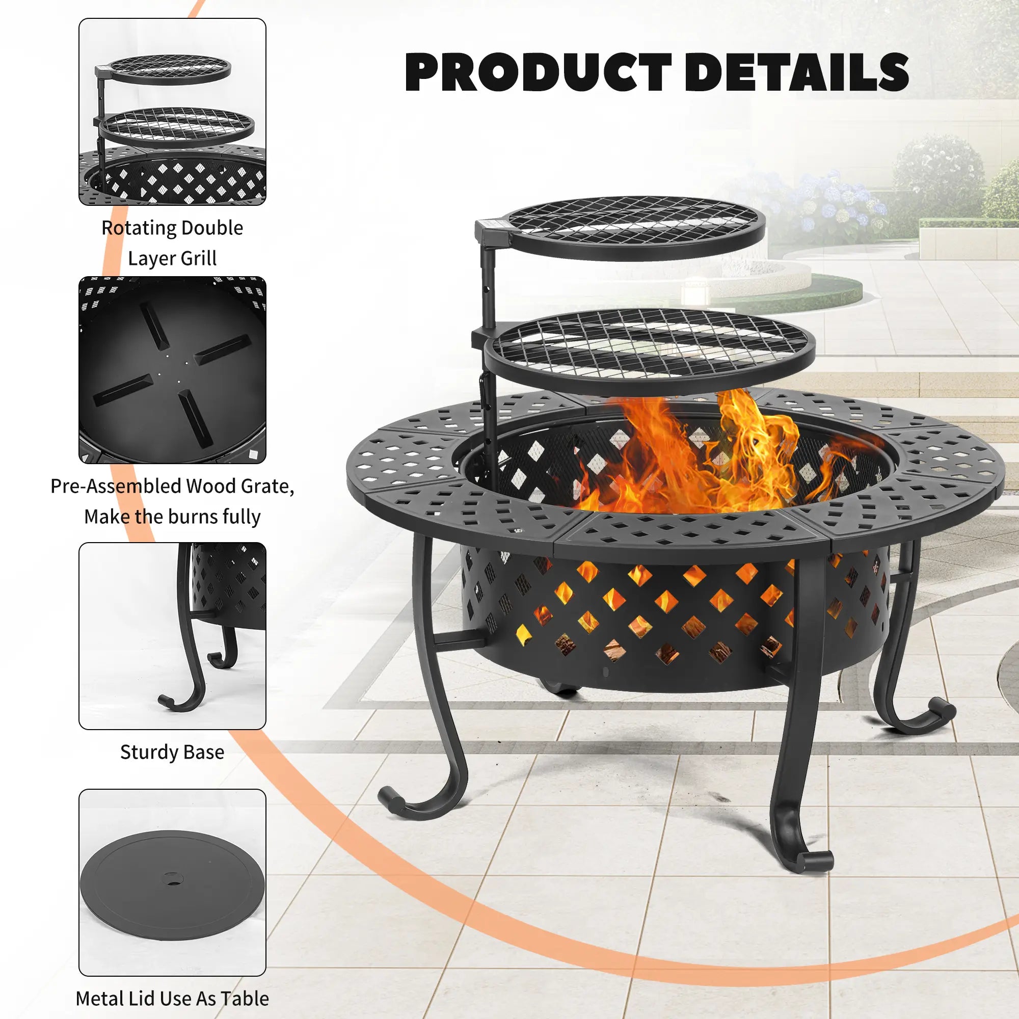 Outvue 36'' round Fire Pit - 3-In-1 Wood Burning Fire Pit with Dual Grills, Lid, Poker, - Perfect for Outdoor Patio, Picnic, and Party Gatherings Barbecue Food